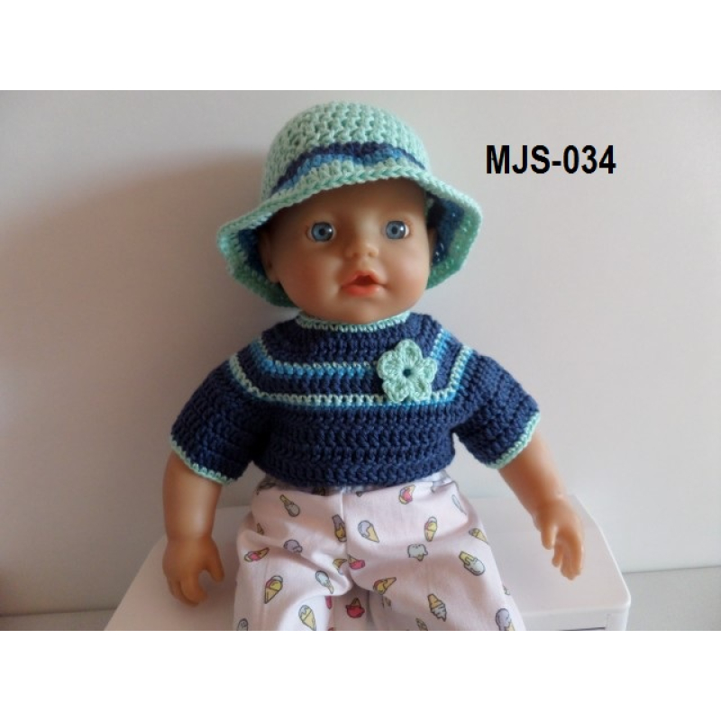 Vestje met hoedje gehaakt, blauw met mint groen